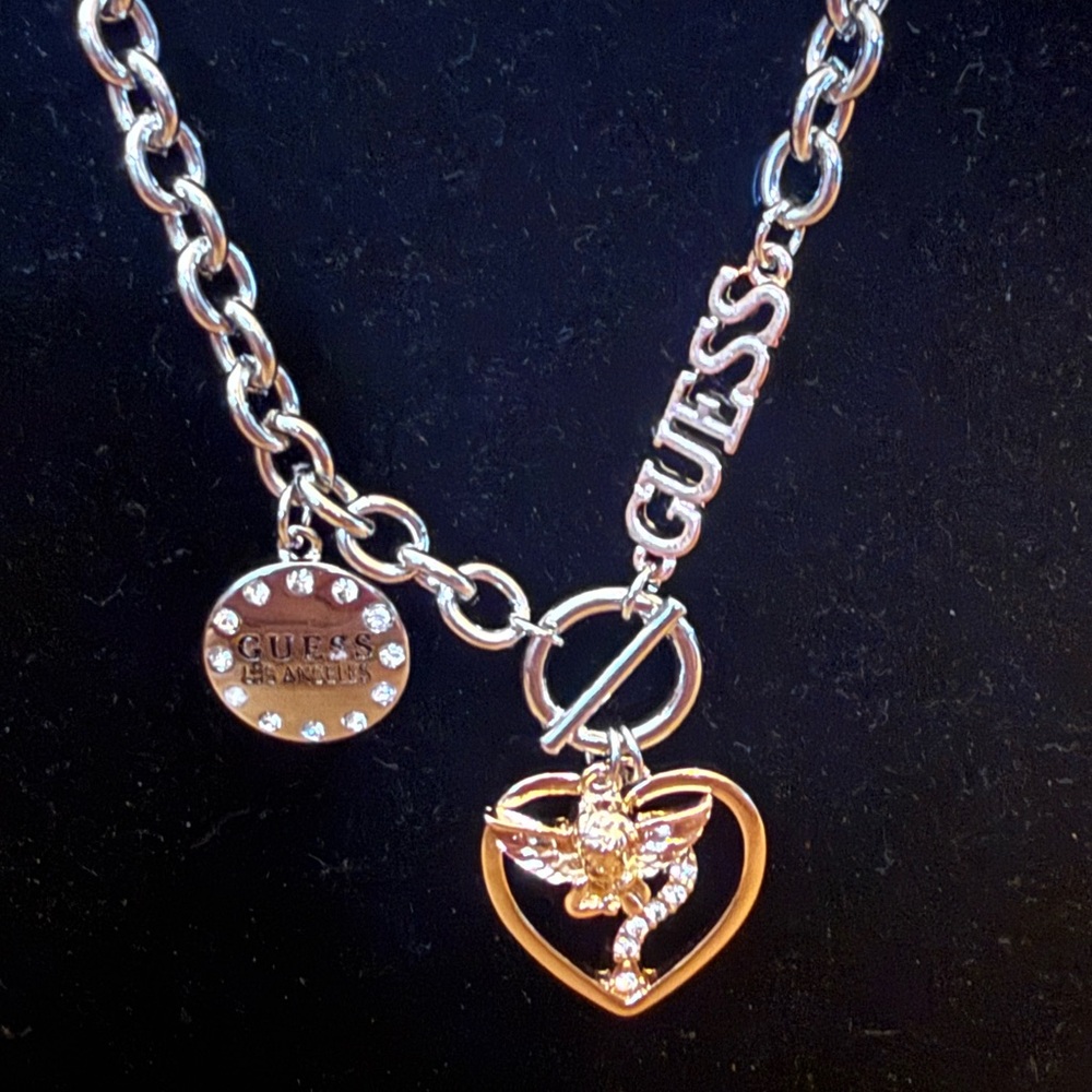 GUESS Gold-Tone Heart Charm Necklace with Angel Pendant